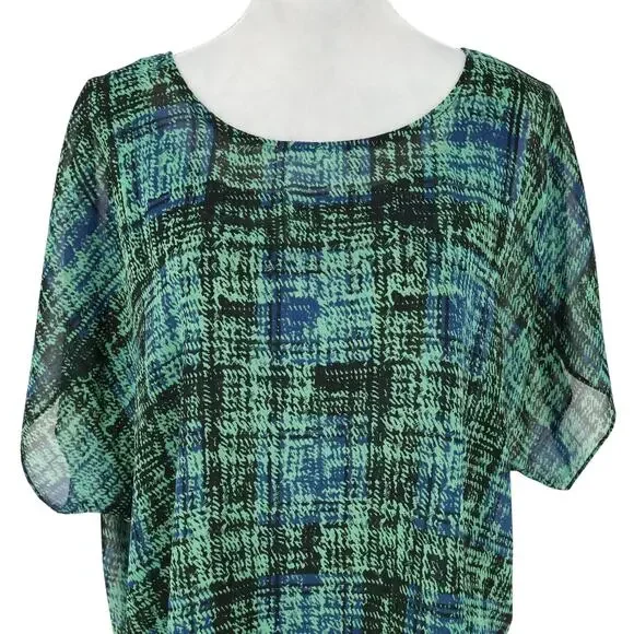 Cabi Top Womens Medium Green Blue Plaid Blouse Sheer Tank Liner attached - Picture 7 of 13